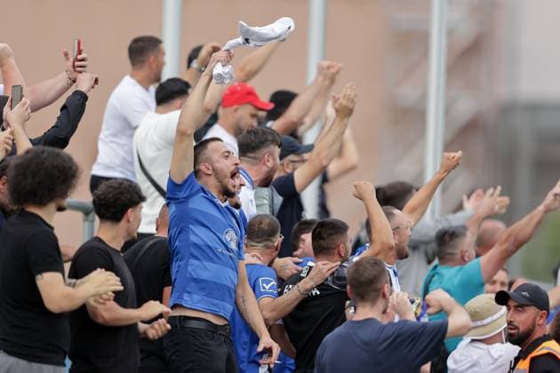 Fans of Drita cheer after the 0 2 cheers, rejoices, jubilation, joy, spectators 15 07 2025 Soccer Champions League qualification, 1 round, second leg, season 2025 2026 15 07 2025 FC Differdange 03 LUX FC Drita XKX Differdange Stade Municipal de la Ville de Differdange, Differdange