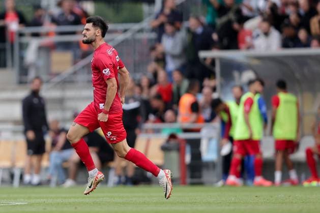 Theo Brusco Differdange 5 cheers, rejoices, jubilation, joy after scoring 1 2 15 07 2025 Soccer Champions League qualification, 1 round, second leg, season 2025 2026 15 07 2025 FC Differdange 03 LUX FC Drita XKX Differdange Stade Municipal de la Ville de Differdange, Differdange