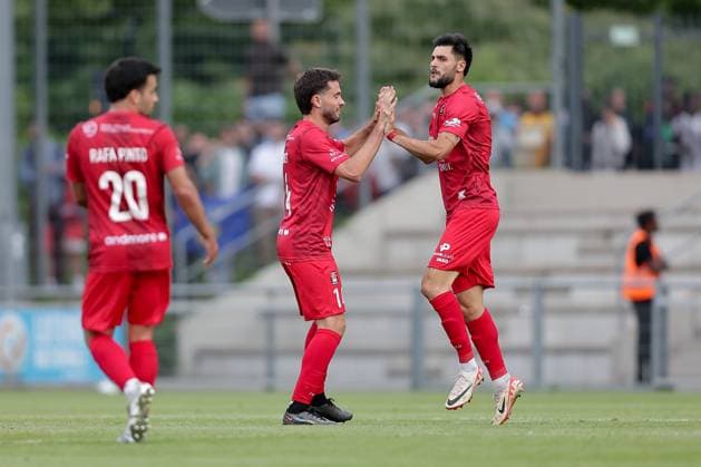 Theo Brusco Differdange 5 cheers, rejoices, jubilation, joy after scoring 1 2 with Juan Bedouret Differdange 14 15 07 2025 Football Champions League qualification, 1 round, second leg, season 2025 2026 15 07 2025 FC Differdange 03 LUX FC Drita XKX Differdange Stade Municipal de la Ville de Differdange, Differdange