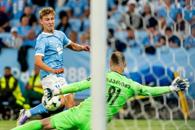 250715 Hugo Bolin of Malmö FF and Giorgi Makaridze of FC Iberia during the UEFA Champions League qualifier football match between Malmö FF and FC Iberia 1999 on July 15, 2025 in Malmö Photo Christian Örnberg BILDBYRAN COP 166 CO0587 fotboll, football, soccer, fotball,uefa champions league gualifi  Copyright: CHRISTIANxÖRNBERG BB250715CO075