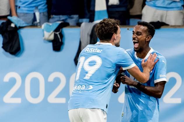 250715 Taha Ali and Colin Rösler celebrate after 3 0 during the UEFA Champions League qualifier football match between Malmö FF and FC Iberia 1999 on July 15, 2025 in Malmö Photo Christian Örnberg BILDBYRAN COP 166 CO0587 fotboll football soccer fotball uefa champions league gualifiers champions league malmö ff fc iberia bbeng bbauto jubel  Copyright: CHRISTIANxÖRNBERG BB250715CO078