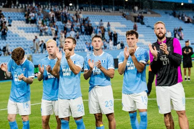 250715 Oliver Berg, Otto Rosengren, Gabriel Busanello, Lasse Berg Johnsen, Colin Rösler and Pontus Jansson of Malmö FF celebrate after the UEFA Champions League qualifier football match between Malmö FF and FC Iberia 1999 on July 15, 2025 in Malmö Photo Christian Örnberg BILDBYRAN COP 166 CO0587 fotboll football soccer fotball uefa champions league gualifiers champions league malmö ff fc iberia bbeng jubel  Copyright: CHRISTIANxÖRNBERG BB250715CO085