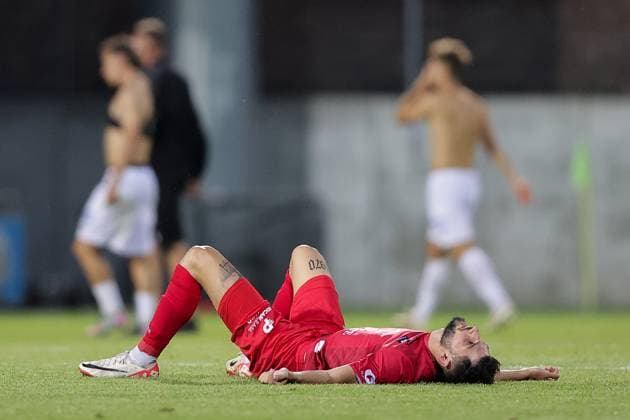 Theo Brusco Differdange 5 is disappointed, frustrated, disappointment, frustration, emotions after the match 15 07 2025 Soccer Champions League qualification, 1 round, second leg, season 2025 2026 15 07 2025 FC Differdange 03 LUX FC Drita XKX Differdange Stade Municipal de la Ville de Differdange, Differdange