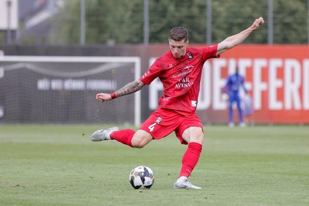 Kevin D™Anzico Differdange 4 cropped image, single image, action, full body goal shot 15 07 2025 Soccer Champions League qualification, 1 round, second leg, season 2025 2026 15 07 2025 FC Differdange 03 LUX FC Drita XKX Differdange Stade Municipal de la Ville de Differdange, Differdange