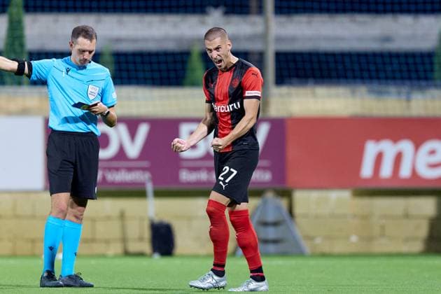 Ognjen Bjelicic of Hamrun Spartans reacts in celebration after scoring a penalty during the penalty shoot out, in the UEFA Champions League First qualifying round, 2nd leg soccer match between Hamrun Spartans FC and FK Zalgiris at the Centenary Stadium, in Ta Qali, Malta, 15 July 2025. Hamrun Spartans became the first Maltese soccer team to advance to the UEFA Champions League Second qualifying round. UEFA Champions League - Hamrun Spartans FC v FK Zalgiris