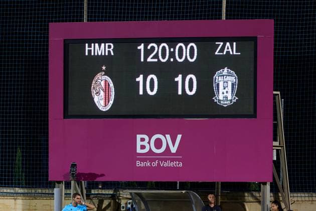 The final scoreline is displayed at the match venue scoreboard after the penalty shoot out, at the UEFA Champions League First qualifying round, 2nd leg soccer match between Hamrun Spartans FC and FK Zalgiris at the Centenary Stadium, in Ta Qali, Malta, 15 July 2025. Hamrun Spartans became the first Maltese soccer team to advance to the UEFA Champions League Second qualifying round. UEFA Champions League - Hamrun Spartans FC v FK Zalgiris