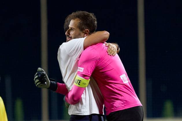 Henry Bonello (right), goalkeeper of Hamrun Spartans reacts in celebration after his team™s triumph in the UEFA Champions League First qualifying round, 2nd leg soccer match between Hamrun Spartans FC and FK Zalgiris at the Centenary Stadium, in Ta Qali, Malta, 15 July 2025. Hamrun Spartans became the first Maltese soccer team to advance to the UEFA Champions League Second qualifying round. UEFA Champions League - Hamrun Spartans FC v FK Zalgiris