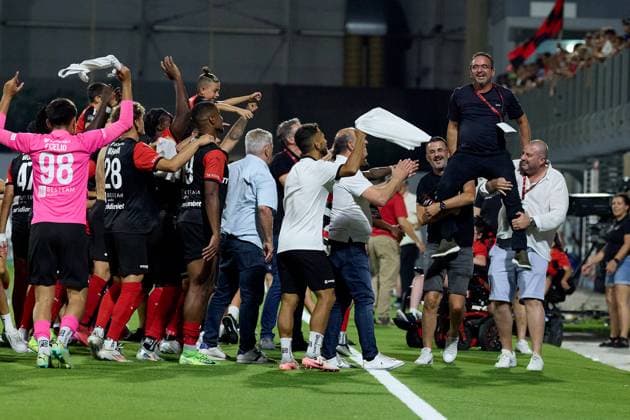Hamrun Spartans club president Joseph Portelli (top right) is carried shoulder high after his team™s triumph after the UEFA Champions League First qualifying round, 2nd leg soccer match between Hamrun Spartans FC and FK Zalgiris at the Centenary Stadium, in Ta Qali, Malta, 15 July 2025. Hamrun Spartans became the first Maltese soccer team to advance to the UEFA Champions League Second qualifying round. UEFA Champions League - Hamrun Spartans FC v FK Zalgiris