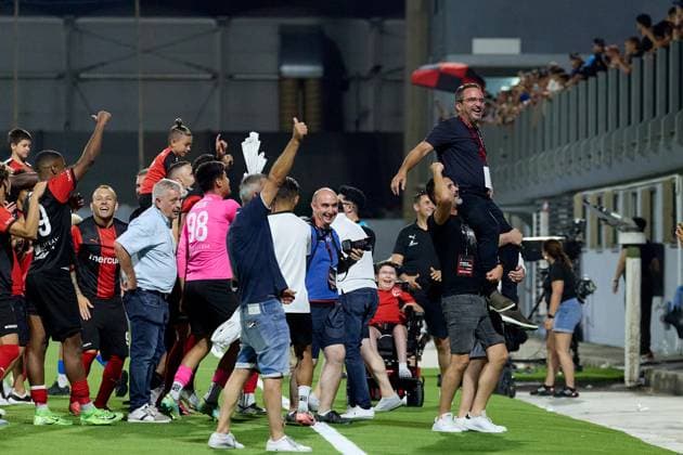 Hamrun Spartans club president Joseph Portelli (top right) is carried shoulder high after his team™s triumph after the UEFA Champions League First qualifying round, 2nd leg soccer match between Hamrun Spartans FC and FK Zalgiris at the Centenary Stadium, in Ta Qali, Malta, 15 July 2025. Hamrun Spartans became the first Maltese soccer team to advance to the UEFA Champions League Second qualifying round. UEFA Champions League - Hamrun Spartans FC v FK Zalgiris