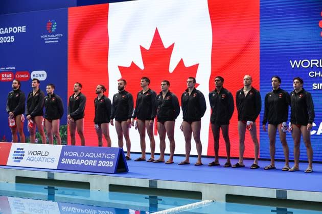Milan Radenovic of Canada, Ali Oussadou of Canada, Bogdan Djerkovic of Canada, Jeremie Cote of Canada, Nikolas Gerakoudis of Canada, David Lapins of Canada, Roko Pozaric of Canada, Bor Tanasijevic of Canada, Aleksa Gardijan of Canada, Aria Soleimanipak of Canada, Jason O™Donnell of Canada, Reuel D Souza of Canada, Brody Mc Knight of Canada, Andrej Gavric of Canada, Leo Hachem of Canada Canada v Brazil, Water polo, Wasserball Singapore 2025 World Aquatics Championships, OCBC Aquatic Centre, July 16, 2025, Singapore, Singapore.