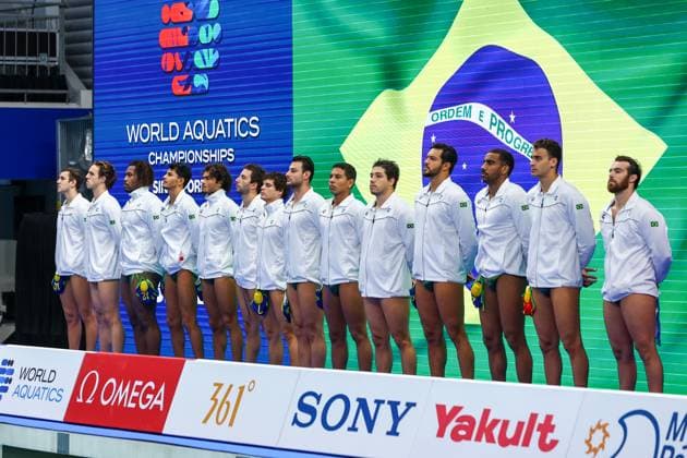 Joao Gabriel Silveira of Brazil, Logan Cabral of Brazil, Gabriel Sojo da Silva of Brazil, Gustavo Coutinho of Brazil, Andre Luis de Freitas of Brazil, Marcos Paulo Pedroso of Brazil, Lucas Farias of Brazil, Pedro Real of Brazil, Paulo Ricardo Oliveira of Brazil, Lucas Andrade of Brazil, Gustavo Guimaraes of Brazil, Luis Ricardo Silva of Brazil, Joao Pedro Fernandes of Brazil, Joao Pedro Leme of Brazil, Lucas Wulfhorst of Brazil Canada v Brazil, Water polo, Wasserball Singapore 2025 World Aquatics Championships, OCBC Aquatic Centre, July 16, 2025, Singapore, Singapore.