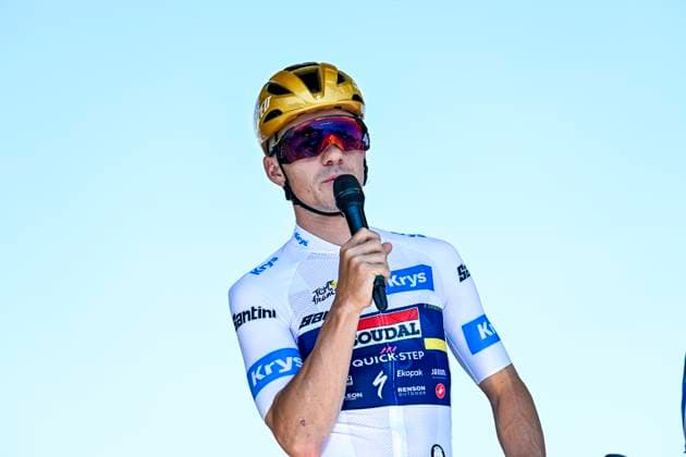 Tour de France 2025 Stage 11 TOULOUSE, FRANCE - JULY 16 : Evenepoel Remco (BEL) of Soudal - Quick Step on stage before the start of the race during stage 11 of the 112th edition of Tour de France an UCI World Tour 2.UWT cycling road race stage for Men Elite of 154 km with start in Toulouse and finish in Toulouse on July 16, 2025 in Toulouse, France, 16 07 2025 ( Motordriver Kenny Verfaillie - Toulouse France  Copyright: xJanxDexMeuleneirx