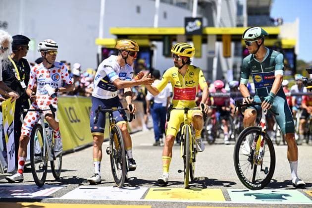 French Lenny Martinez of Bahrain Victorious, Belgian Remco Evenepoel of Soudal Quick-Step, Irish Ben Healy of EF Education-EasyPost and Italian Jonathan Milan of Lidl-Trek pictured at the start of stage 11 of the 2025 Tour de France cycling, from and to Toulouse (154km), on Wednesday 16 July 2025 in France. The 112th edition of the Tour de France starts on Saturday 5 July in Lille, France, and will finish in Paris, France on the 27th of July. JASPERxJACOBS  x129369967x