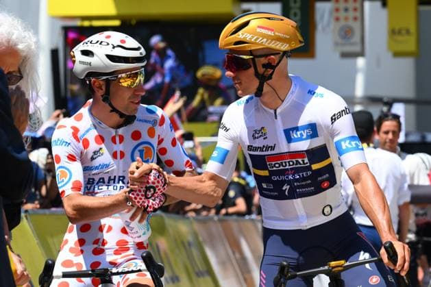 Tour de France 2025 Stage 11 TOULOUSE, FRANCE - JULY 16 : Evenepoel Remco (BEL) of Soudal - Quick Step and Martinez Lenny (BEL) of Bahrain - Victoriusa at the start line during stage 11 of the 112th edition of Tour de France an UCI World Tour 2.UWT cycling road race stage for Men Elite of 154 km with start in Toulouse and finish in Toulouse on July 16, 2025 in Toulouse, France, 16 07 2025 ( Motordriver Kenny Verfaillie - Toulouse France  Copyright: xVincentxKalutx