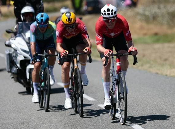 Italian Davide Ballerini of XDS Astana Team, Norwegian Jonas Abrahamsen of Uno-X Mobility and Swiss Mauro Schmid of Team Jayco AlUla pictured in action during stage 11 of the 2025 Tour de France cycling, from and to Toulouse (154km), on Wednesday 16 July 2025 in France. The 112th edition of the Tour de France starts on Saturday 5 July in Lille, France, and will finish in Paris, France on the 27th of July. POOLxLUCAxBETTINI  x129372760x