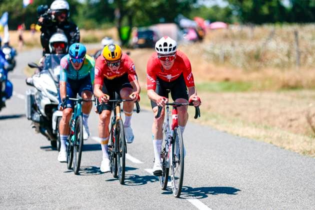 Tour de France 2025 Stage 11 TOULOUSE, FRANCE - JULY 16 : Schmid Mauro (SUI) of Team Jayco AlUla leading the escape, Ballerini Davide (ITA) of XDS Astana Team, Abrahamsen Jonas (NOR) of Uno-X Mobility pack pictured during stage 11 of the 112th edition of Tour de France an UCI World Tour 2.UWT cycling road race stage for Men Elite of 154 km with start in Toulouse and finish in Toulouse on July 16, 2025 in Toulouse, France, 16 07 2025 ( Motordriver Kenny Verfaillie - Toulouse France  Copyright: xLucaxBettinix