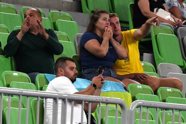 Ljubljana, Slovenia, 16th July 2024: Dramatic moments at match for Ukraine volleyballyball fans during the IVNL Volleyball Nations League, Week 3 match, between Ukraine and Netherlands at Arena Stozice, Ljubljana, Slovenia. (Natasa Kupljenik SPP) Copyright: xNatasaxKupljenikx xSPPx SPP_1015240