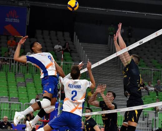 Ljubljana, Slovenia, 16th July 2024: Fabian Plak of Netherlands (L) in action during the IVNL Volleyball Nations League, Week 3 match, between Ukraine and Netherlands at Arena Stozice, Ljubljana, Slovenia. (Natasa Kupljenik SPP) Copyright: xNatasaxKupljenikx xSPPx SPP_1015251