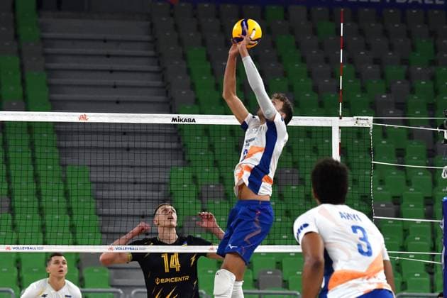 Ljubljana, Slovenia, 16th July 2024: Wessel Keemink of Netherlands (C) in action during the IVNL Volleyball Nations League, Week 3 match, between Ukraine and Netherlands at Arena Stozice, Ljubljana, Slovenia. (Natasa Kupljenik SPP) Copyright: xNatasaxKupljenikx xSPPx SPP_1015252