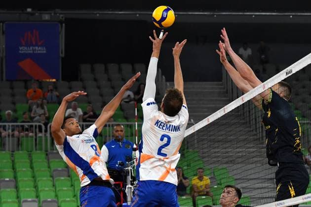Ljubljana, Slovenia, 16th July 2024: Wessel Keemink of Netherlands (C) in action during the IVNL Volleyball Nations League, Week 3 match, between Ukraine and Netherlands at Arena Stozice, Ljubljana, Slovenia. (Natasa Kupljenik SPP) Copyright: xNatasaxKupljenikx xSPPx SPP_1015255