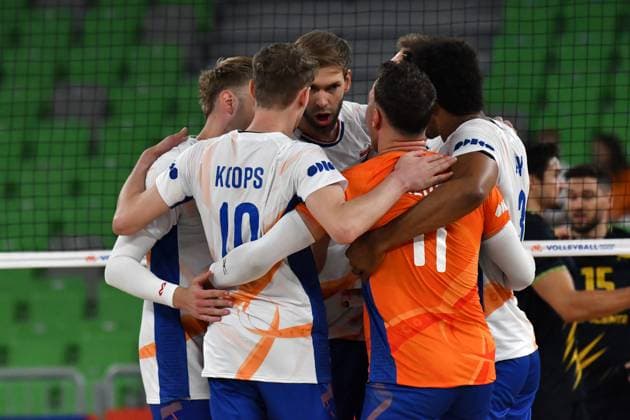 Ljubljana, Slovenia, 16th July 2024: Team Netherlands celebrate score during the IVNL Volleyball Nations League, Week 3 match, between Ukraine and Netherlands at Arena Stozice, Ljubljana, Slovenia. (Natasa Kupljenik SPP) Copyright: xNatasaxKupljenikx xSPPx SPP_1015260