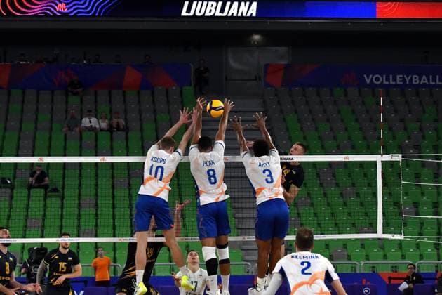 Ljubljana, Slovenia, 16th July 2024: Fabian Plak of Netherlands (C) in action during the IVNL Volleyball Nations League, Week 3 match, between Ukraine and Netherlands at Arena Stozice, Ljubljana, Slovenia. (Natasa Kupljenik SPP) Copyright: xNatasaxKupljenikx xSPPx SPP_1015275