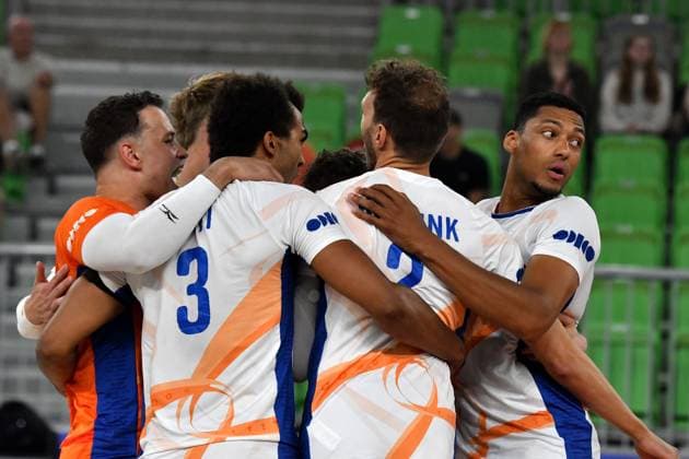 Ljubljana, Slovenia, 16th July 2024: Team Netherlands celebrate score during the IVNL Volleyball Nations League, Week 3 match, between Ukraine and Netherlands at Arena Stozice, Ljubljana, Slovenia. (Natasa Kupljenik SPP) Copyright: xNatasaxKupljenikx xSPPx SPP_1015246