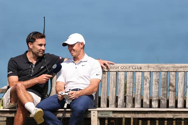 The 153rd Open Championship, Royal Portrush Golf Club, Co. Antrim 16 7 2025 Rory McIlroy speaks to George Harper Jr. Rory McIlroy speaks to George Harper Jr. 16 7 2025  Copyright: x INPHO BenxBradyx BB3_7365