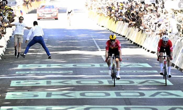Norwegian Jonas Abrahamsen of Uno-X Mobility wins ahead of Swiss Mauro Schmid of Team Jayco AlUla in stage 11 of the 2025 Tour de France cycling, from and to Toulouse (154km), on Wednesday 16 July 2025 in France. The 112th edition of the Tour de France starts on Saturday 5 July in Lille, France, and will finish in Paris, France on the 27th of July. JASPERxJACOBS  x129379518x