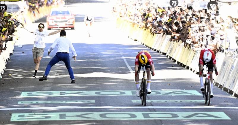A demonstrator pictured at the finish of stage 11 of the 2025 Tour de France cycling, from and to Toulouse (154km), on Wednesday 16 July 2025 in France. The 112th edition of the Tour de France starts on Saturday 5 July in Lille, France, and will finish in Paris, France on the 27th of July. JASPERxJACOBS  x129379917x