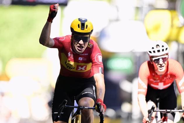 Norwegian Jonas Abrahamsen of Uno-X Mobility celebrates after winning stage 11 of the 2025 Tour de France cycling, from and to Toulouse (154km), on Wednesday 16 July 2025 in France. The 112th edition of the Tour de France starts on Saturday 5 July in Lille, France, and will finish in Paris, France on the 27th of July. DIRKxWAEM  x129380374x