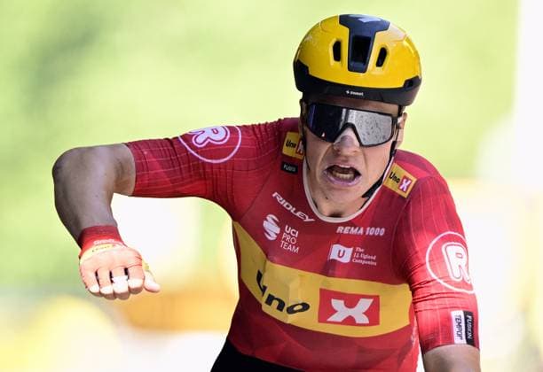 Norwegian Jonas Abrahamsen of Uno-X Mobility celebrates after winning stage 11 of the 2025 Tour de France cycling, from and to Toulouse (154km), on Wednesday 16 July 2025 in France. The 112th edition of the Tour de France starts on Saturday 5 July in Lille, France, and will finish in Paris, France on the 27th of July. DIRKxWAEM  x129380382x