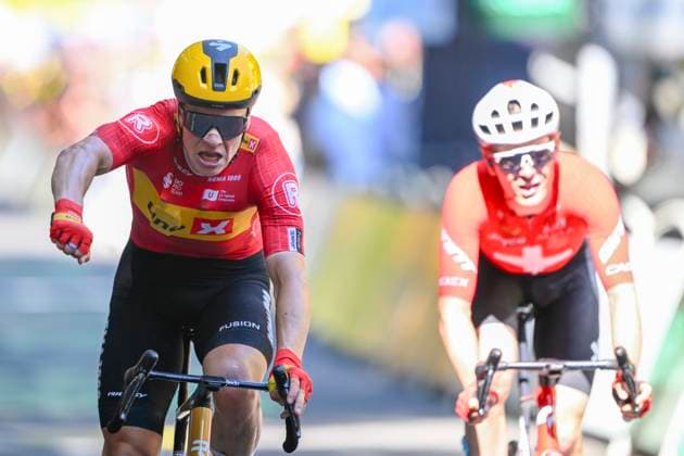 Tour de France 2025 Stage 11 TOULOUSE, FRANCE - JULY 16 : Abrahamsen Jonas (NOR) of Uno-X Mobility celebrating his victory, Schmid Mauro (SUI) of Team Jayco AlUla during stage 11 of the 112th edition of Tour de France an UCI World Tour 2.UWT cycling road race stage for Men Elite of 154 km with start in Toulouse and finish in Toulouse on July 16, 2025 in Toulouse, France, 16 07 2025 ( Motordriver Kenny Verfaillie - Toulouse France  Copyright: xVincentxKalutx