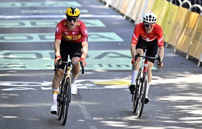 Norwegian Jonas Abrahamsen of Uno-X Mobility wins ahead of Swiss Mauro Schmid of Team Jayco AlUla in stage 11 of the 2025 Tour de France cycling, from and to Toulouse (154km), on Wednesday 16 July 2025 in France. The 112th edition of the Tour de France starts on Saturday 5 July in Lille, France, and will finish in Paris, France on the 27th of July. JASPERxJACOBS  x129380974x