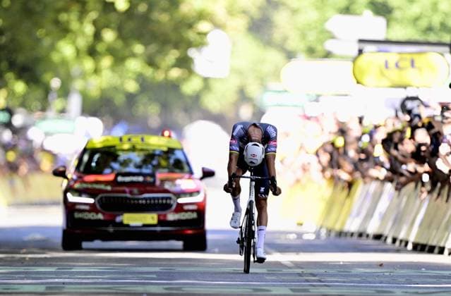Dutch Mathieu van der Poel of Alpecin-Deceuninck crosses the finish line of stage 11 of the 2025 Tour de France cycling, from and to Toulouse (154km), on Wednesday 16 July 2025 in France. The 112th edition of the Tour de France starts on Saturday 5 July in Lille, France, and will finish in Paris, France on the 27th of July. DIRKxWAEM  x129381142x