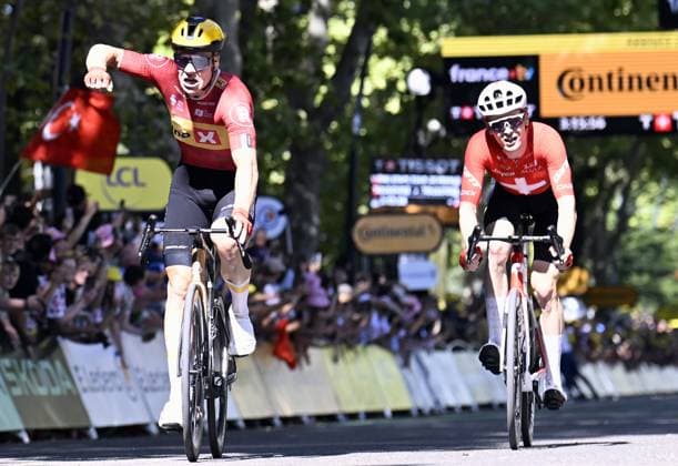 Norwegian Jonas Abrahamsen of Uno-X Mobility wins ahead of Swiss Mauro Schmid of Team Jayco AlUla in stage 11 of the 2025 Tour de France cycling, from and to Toulouse (154km), on Wednesday 16 July 2025 in France. The 112th edition of the Tour de France starts on Saturday 5 July in Lille, France, and will finish in Paris, France on the 27th of July. JASPERxJACOBS  x129381161x