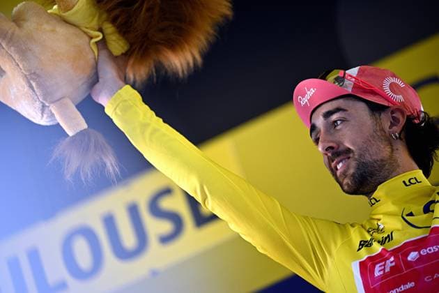 Irish Ben Healy of EF Education-EasyPost celebrates on the podium in the yellow jersey of leader in the overall ranking after stage 11 of the 2025 Tour de France cycling, from and to Toulouse (154km), on Wednesday 16 July 2025 in France. The 112th edition of the Tour de France starts on Saturday 5 July in Lille, France, and will finish in Paris, France on the 27th of July. JASPERxJACOBS  x129381349x