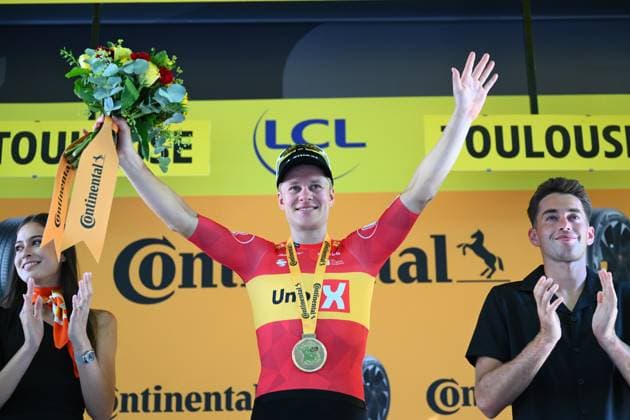 Tour de France 2025 Stage 11 TOULOUSE, FRANCE - JULY 16 : Abrahamsen Jonas (NOR) of Uno-X Mobility on the podium during stage 11 of the 112th edition of Tour de France an UCI World Tour 2.UWT cycling road race stage for Men Elite of 154 km with start in Toulouse and finish in Toulouse on July 16, 2025 in Toulouse, France, 16 07 2025 ( Motordriver Kenny Verfaillie - Toulouse France  Copyright: xVincentxKalutx