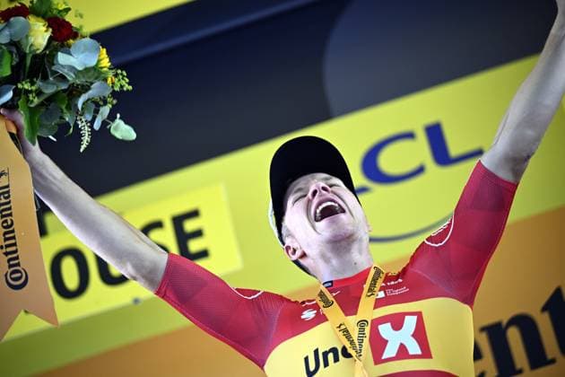 Norwegian Jonas Abrahamsen of Uno-X Mobility celebrates on the podium after winning stage 11 of the 2025 Tour de France cycling, from and to Toulouse (154km), on Wednesday 16 July 2025 in France. The 112th edition of the Tour de France starts on Saturday 5 July in Lille, France, and will finish in Paris, France on the 27th of July. JASPERxJACOBS  x129381541x