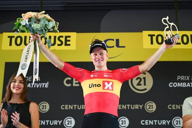Tour de France 2025 Stage 11 TOULOUSE, FRANCE - JULY 16 : Abrahamsen Jonas (NOR) of Uno-X Mobility on the podium during stage 11 of the 112th edition of Tour de France an UCI World Tour 2.UWT cycling road race stage for Men Elite of 154 km with start in Toulouse and finish in Toulouse on July 16, 2025 in Toulouse, France, 16 07 2025 ( Motordriver Kenny Verfaillie - Toulouse France  Copyright: xVincentxKalutx