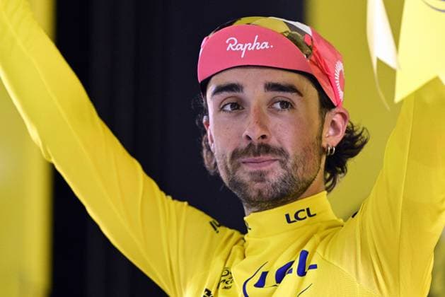 Irish Ben Healy of EF Education-EasyPost celebrates in the yellow jersey of leader in the overall ranking after stage 11 of the 2025 Tour de France cycling, from and to Toulouse (154km), on Wednesday 16 July 2025 in France. The 112th edition of the Tour de France starts on Saturday 5 July in Lille, France, and will finish in Paris, France on the 27th of July. DIRKxWAEM  x129381880x