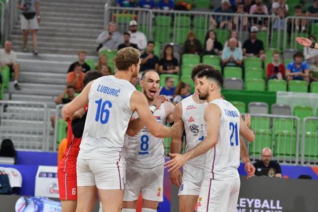 Ljubljana, Slovenia, 16th July 2024: Team Serbia during the IVNL Volleyball Nations League, Week 3 match, between Serbia and Italy at Arena Stozice, Ljubljana, Slovenia. (Natasa Kupljenik SPP) Copyright: xNatasaxKupljenikx xSPPx SPP_1015521
