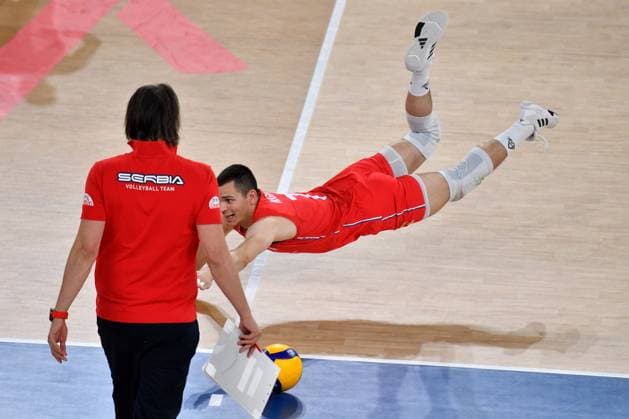 Ljubljana, Slovenia, 16th July 2024: Stefan Negic of Serbia (R) in action during the IVNL Volleyball Nations League, Week 3 match, between Serbia and Italy at Arena Stozice, Ljubljana, Slovenia. (Natasa Kupljenik SPP) Copyright: xNatasaxKupljenikx xSPPx SPP_1015532