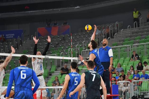 Ljubljana, Slovenia, 16th July 2024: Kamil Rychlicki of Italy in action during the IVNL Volleyball Nations League, Week 3 match, between Serbia and Italy at Arena Stozice, Ljubljana, Slovenia. (Natasa Kupljenik SPP) Copyright: xNatasaxKupljenikx xSPPx SPP_1015542