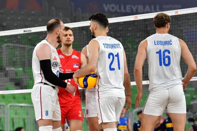 Ljubljana, Slovenia, 16th July 2024: Team Serbia during the IVNL Volleyball Nations League, Week 3 match, between Serbia and Italy at Arena Stozice, Ljubljana, Slovenia. (Natasa Kupljenik SPP) Copyright: xNatasaxKupljenikx xSPPx SPP_1015529