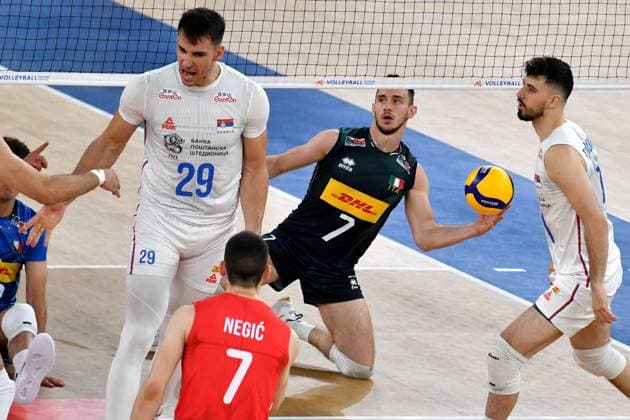 Ljubljana, Slovenia, 16th July 2024: Fabio Balaso of Italy (CD) in action during the IVNL Volleyball Nations League, Week 3 match, between Serbia and Italy at Arena Stozice, Ljubljana, Slovenia. (Natasa Kupljenik SPP) Copyright: xNatasaxKupljenikx xSPPx SPP_1015530
