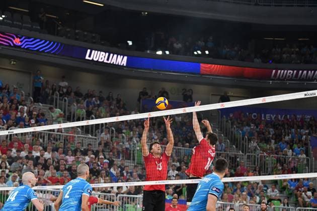 Ljubljana, Slovenia, 16th July 2024: Max Elgert of Canada in action during the IVNL Volleyball Nations League, Week 3 match, between Canada and Slovenia at Arena Stozice, Ljubljana, Slovenia. (Natasa Kupljenik SPP) Copyright: xNatasaxKupljenikx xSPPx SPP_1015855