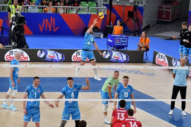 Ljubljana, Slovenia, 16th July 2024: Uros Planinsic of Slovenia in action during the IVNL Volleyball Nations League, Week 3 match, between Canada and Slovenia at Arena Stozice, Ljubljana, Slovenia. (Natasa Kupljenik SPP) Copyright: xNatasaxKupljenikx xSPPx SPP_1015871