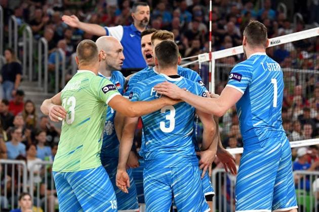 Ljubljana, Slovenia, 16th July 2024: Team Slovenia celebrate score during the IVNL Volleyball Nations League, Week 3 match, between Canada and Slovenia at Arena Stozice, Ljubljana, Slovenia. (Natasa Kupljenik SPP) Copyright: xNatasaxKupljenikx xSPPx SPP_1015836