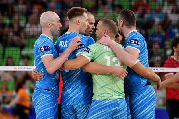 Ljubljana, Slovenia, 16th July 2024: Team Slovenia celebrate sore during the IVNL Volleyball Nations League, Week 3 match, between Canada and Slovenia at Arena Stozice, Ljubljana, Slovenia. (Natasa Kupljenik SPP) Copyright: xNatasaxKupljenikx xSPPx SPP_1015860